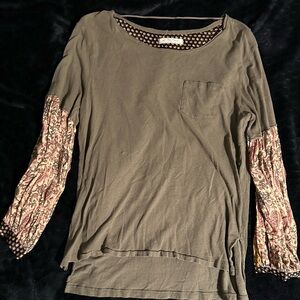 We The Free Olive Long Sleeve Top with Patterned Sleeves